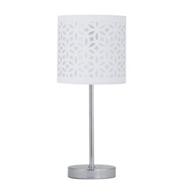 First Choice Lighting Chrome Stick Table Lamp with White Laser Cut Shade
