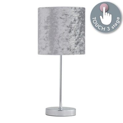 First Choice Lighting Chrome Touch Operated Table Lamp with Grey Crushed Velvet Shade