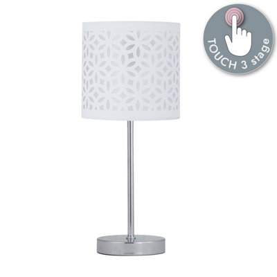First Choice Lighting Chrome Touch Operated Table Lamp with White Cut Out Shade