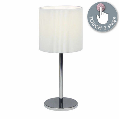 First Choice Lighting Chrome Touch Operated Table Lamp with White Pleat Shade