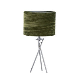 First Choice Lighting Chrome Tripod Table Lamp with Green Crushed Velvet Shade