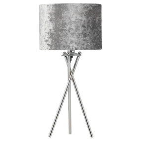 First Choice Lighting Chrome Tripod Table Lamp with Grey Crushed Velvet Shade