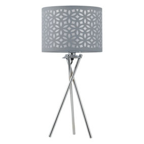 First Choice Lighting Chrome Tripod Table Lamp with Grey Laser Cut Shade