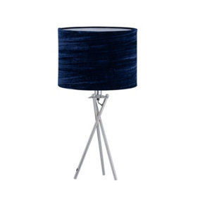 First Choice Lighting Chrome Tripod Table Lamp with Navy Blue Crushed Velvet Shade