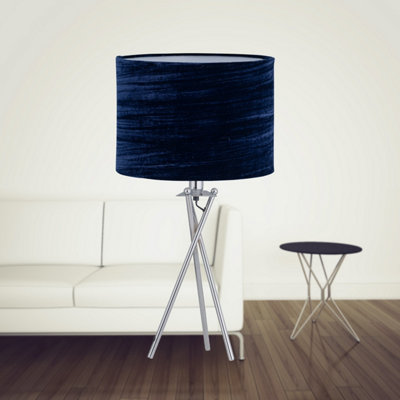 First Choice Lighting Chrome Tripod Table Lamp with Navy Blue Crushed Velvet Shade