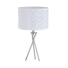 First Choice Lighting Chrome Tripod Table Lamp with White Laser Cut Shade
