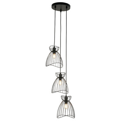 First Choice Lighting - Diablo Black Cage Design 3 Light Ceiling Pendant Light