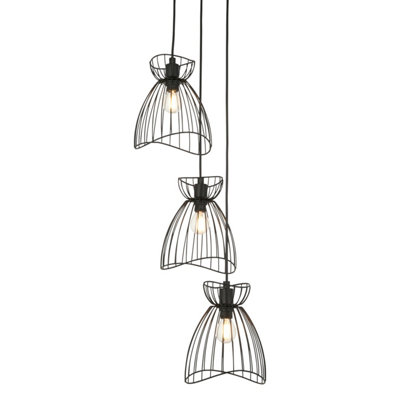 First Choice Lighting - Diablo Black Cage Design 3 Light Ceiling Pendant Light