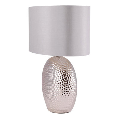First Choice Lighting Dimpled Textured Oval Chrome Plated Ceramic Bedside Table Light Base with Grey Faux Silk Oval Fabric Shade
