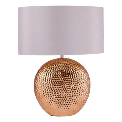 First Choice Lighting Dimpled Textured Oval Copper Plated Ceramic Bedside Table Light Base with Grey Faux Silk Oval Fabric Shade