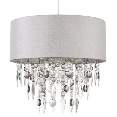 First Choice Lighting Fiji Clear Smoke Grey Linen 40 cm Easy Fit Jewelled Pendant Shade