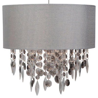 First Choice Lighting Fiji Clear Smoke Grey Linen 40 cm Easy Fit Jewelled Pendant Shade