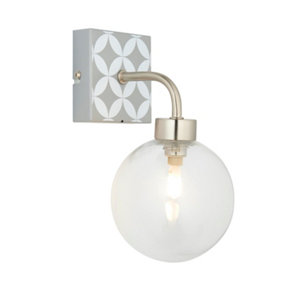 First Choice Lighting - Geo Tile Brushed Chrome with Clear Glass Globe IP44 Bathroom Wall Light