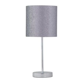 First Choice Lighting Glitter Chrome Silver Grey Stick Table Lamp With Shade