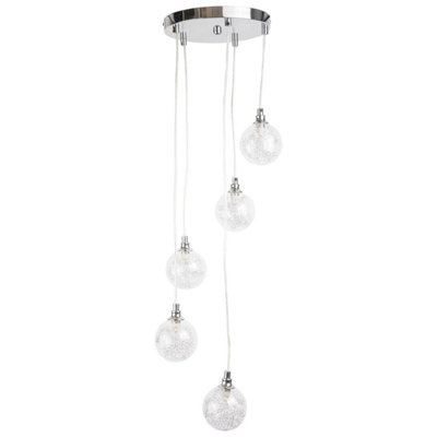 First Choice Lighting Globe Chrome Clear Wire Detailed Glass 5 Light Ceiling Pendant Light