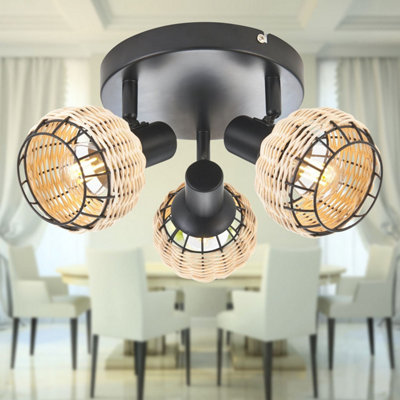First Choice Lighting Goa Black and Natural Rattan 3 Light Ceiling ...