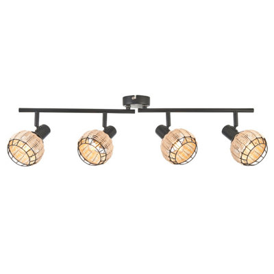 First Choice Lighting - Goa Black and Natural Rattan 4 Light Ceiling Spotlight Bar