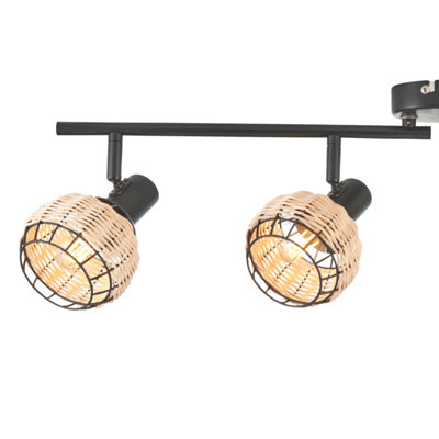 First Choice Lighting - Goa Black and Natural Rattan 4 Light Ceiling Spotlight Bar