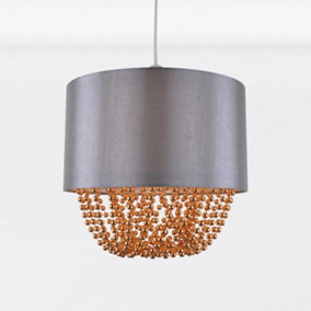 First Choice Lighting Grey Faux Silk & Copper Jewelled Ceiling Light Shade