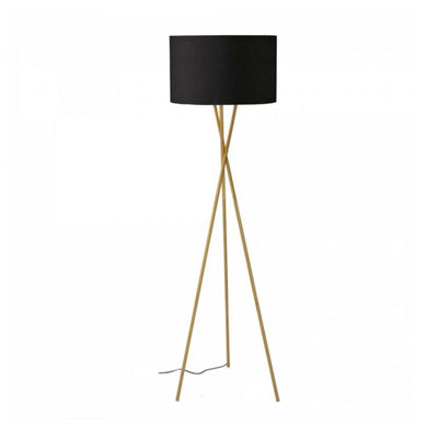 First Choice Lighting - Hayley Brass Tripod Floor Lamp with Black Shade