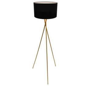 First Choice Lighting - Hayley Satin Gold Tripod Floor Lamp with Black Shade