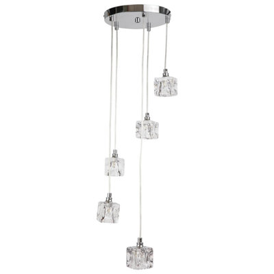 First Choice Lighting Ice Cube Chrome Ice Cube Glass 5 Light Ceiling Pendant Light