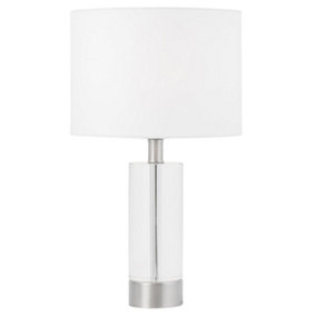 First Choice Lighting Ingo Brushed Chrome Clear Crystal Glass White 43 cm Table Lamp With Shade
