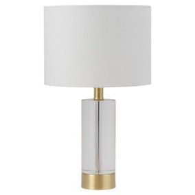 First Choice Lighting Ingo Satin Brass Clear Crystal Glass White 43 cm Table Lamp With Shade