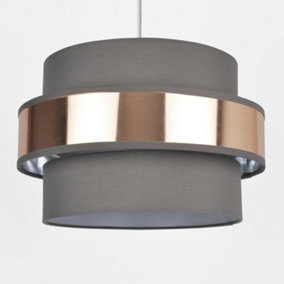 First Choice Lighting Jupiter Brushed Copper Grey 2 Tier Easy Fit Fabric Pendant Shade