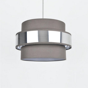 First Choice Lighting Jupiter Brushed Silver Grey 2 Tier Easy Fit Fabric Pendant Shade