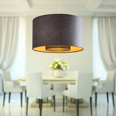 First Choice Lighting - Larset Black Leather Easy Fit  Pendant Shade with Metal Mesh Diffuser