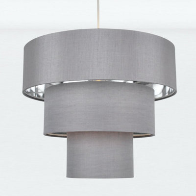 First Choice Lighting Layer Chrome Grey Slub Easy Fit Fabric Pendant Shade