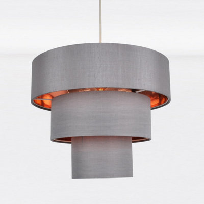 First Choice Lighting Layer Copper Grey Slub Easy Fit Fabric Pendant Shade