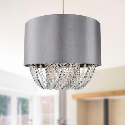 First Choice Lighting Lydia Chrome Pearl Grey 30 cm Easy Fit Jewelled Pendant Shade