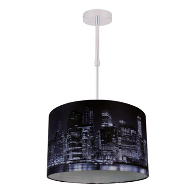 First Choice Lighting Manhattan Chrome Blue Manhattan Skyline Print 32 cm Adjustable Flush Ceiling Light