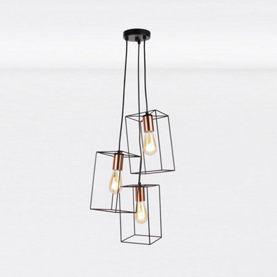 First Choice Lighting Matt Black With Brushed Copper Detail 3 Light Pendant