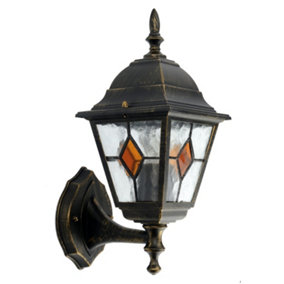 First Choice Lighting Morecambe Black Gold Clear Amber IP44 Outdoor Wall Light