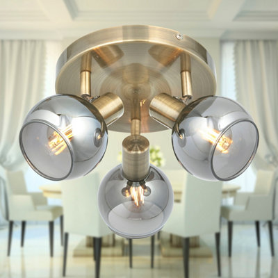 First Choice Lighting - Naomi Antique Brass with Smoked Glass 3 Light Ceiling Spotlight