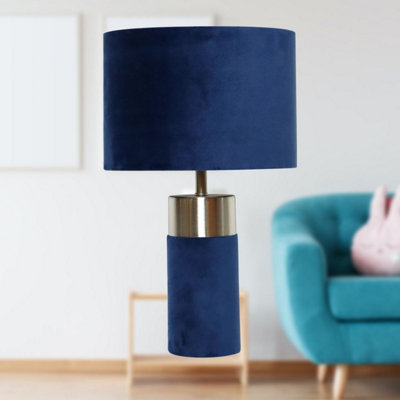 First Choice Lighting Navy Blue Velvet with Satin Chrome Detail Table Lamp