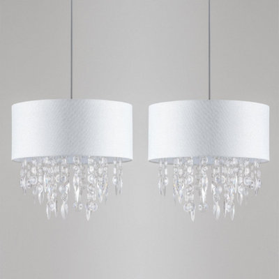 First Choice Lighting Pair Large 40cm Easy Fit Shade Textured White Silver Fleck Acrylic Droplets