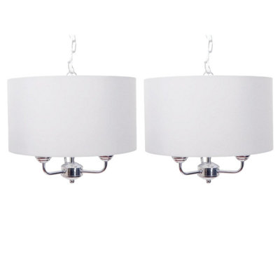 First Choice Lighting Pair of 3 Light Chrome Pendant Chandelier with Light Cream Fabric Shade