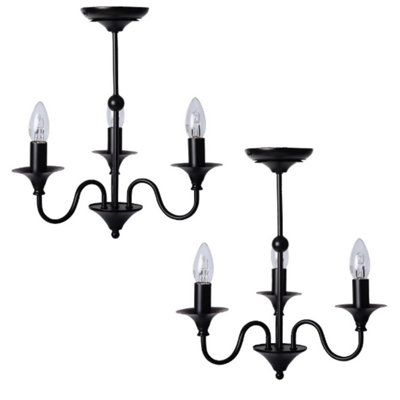 First Choice Lighting Pair of Black Matt 3 Light Ceiling Chandeliers
