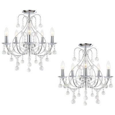 First Choice Lighting Pair of Chrome 5 Light Crystal Chandeliers