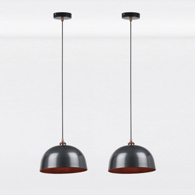 First Choice Lighting Pair of Industrial Nickel with Copper Detail Dome Pendants