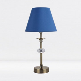First Choice Lighting Prior - Antique Brass Clear Blue Facet Bedside Table Lamp With Shade
