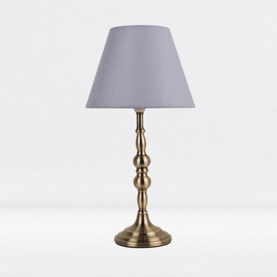 First Choice Lighting Prior - Antique Brass Grey Column Bedside Table Lamp With Shade