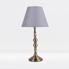 First Choice Lighting Prior - Antique Brass Grey Column Bedside Table Lamp With Shade
