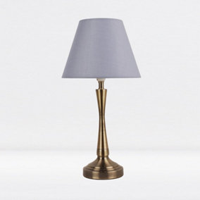 First Choice Lighting Prior - Antique Brass Grey Taper Bedside Table Lamp With Shade