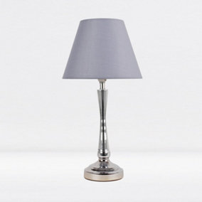 First Choice Lighting Prior - Chrome Grey Taper Bedside Table Lamp With Shade