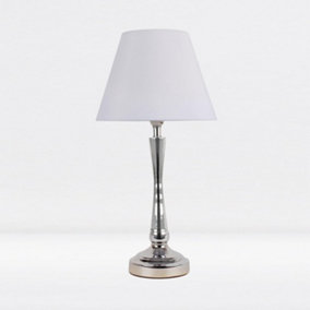First Choice Lighting Prior - Chrome White Taper Bedside Table Lamp With Shade
